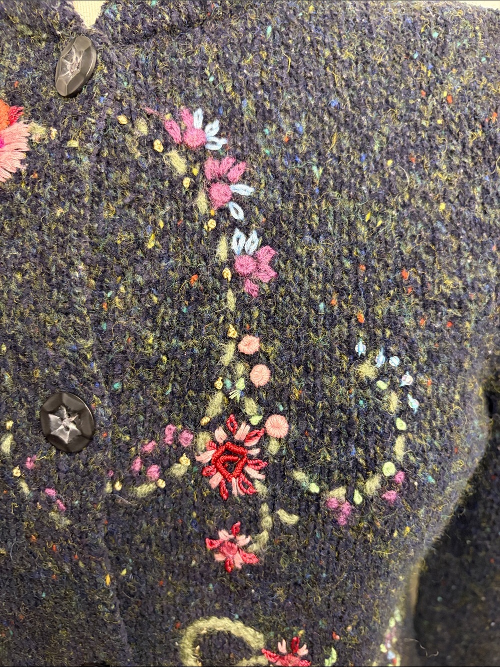 SUSAN BRISTOL LTD. Charcoal Hand Embroidered Floral Wool Blend Cardigan SIZE S - Picture 5 of 16
